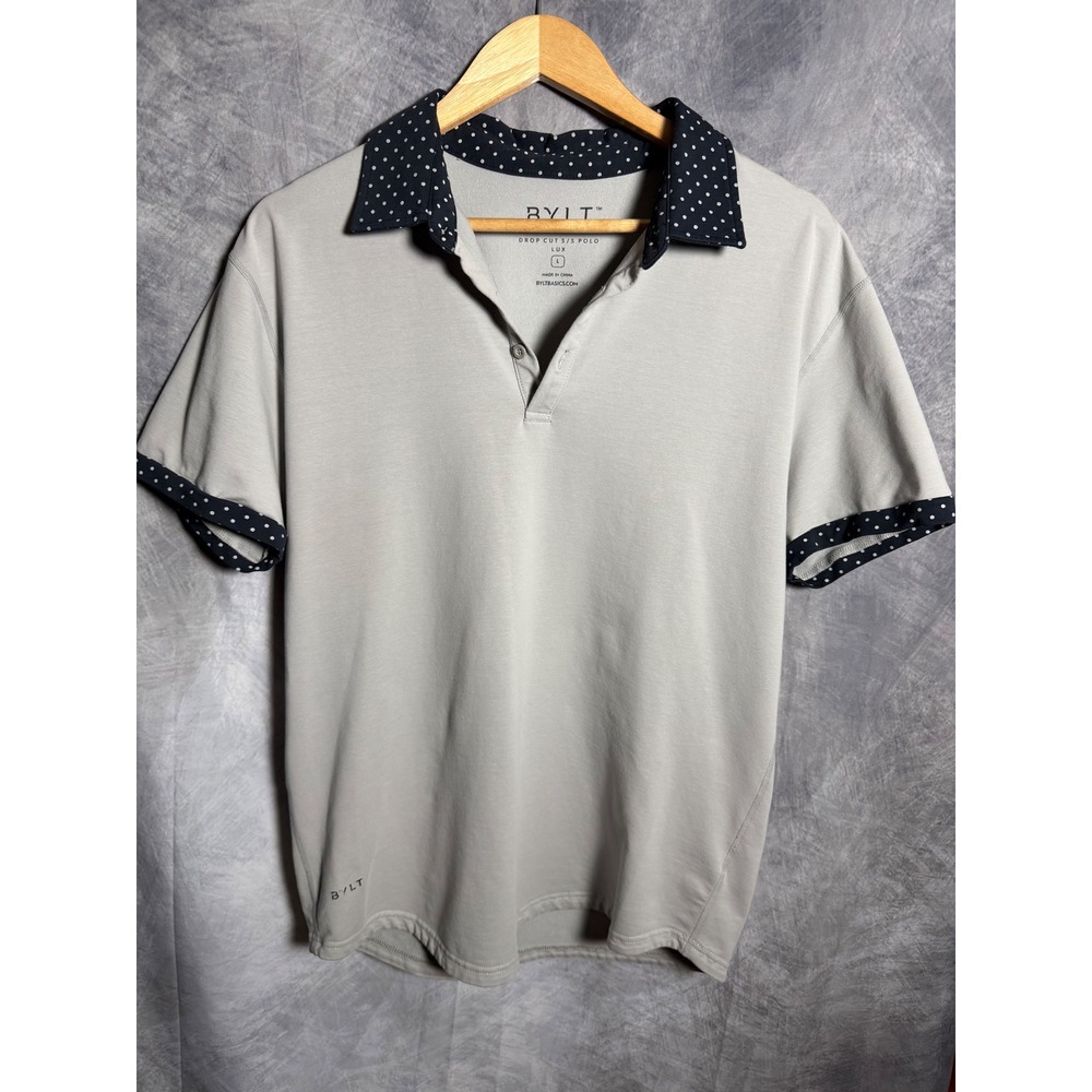 BYLT Premium Basics Drop Cut Lux Polo Shirt Mens Large Gray Polka Dot Collar